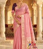 Women's pink floral printed cotton saree with unstiched blouse piece