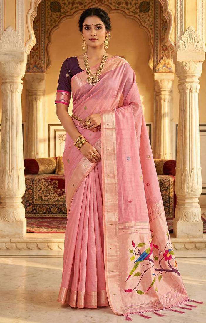 Women's pink floral printed cotton saree with unstiched blouse piece