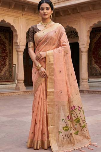 Women's peach floral printed cotton saree with unstiched blouse piece