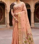 Women's peach floral printed cotton saree with unstiched blouse piece