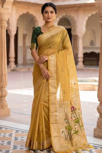 Women's yellow floral printed cotton saree with unstiched blouse piece