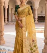 Women's yellow floral printed cotton saree with unstiched blouse piece