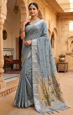 grey floral printed cotton saree with zari border 1