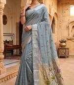 Women's grey floral printed cotton saree with unstiched blouse piece