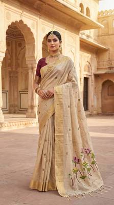 Women's beige floral printed cotton saree with unstiched blouse piece 1