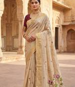 Women's beige floral printed cotton saree with unstiched blouse piece