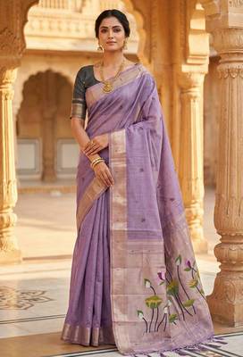 purple floral printed cotton saree with zari border 1