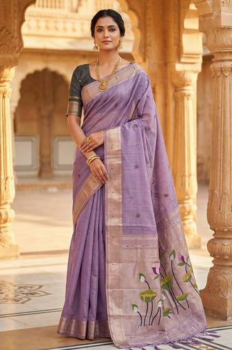 Women's purple floral printed cotton saree with unstiched blouse piece