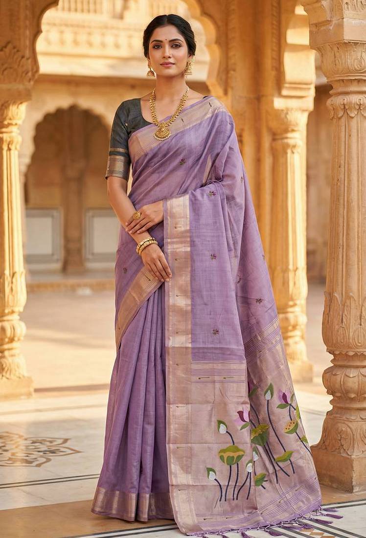 Women's purple floral printed cotton saree with unstiched blouse piece