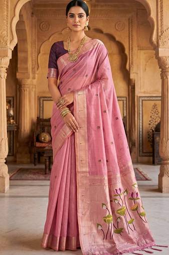 Women's pink floral printed cotton saree with unstiched blouse piece