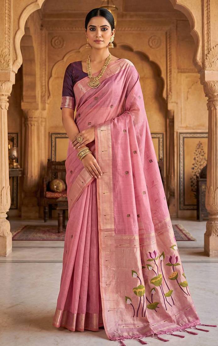 Women's pink floral printed cotton saree with unstiched blouse piece