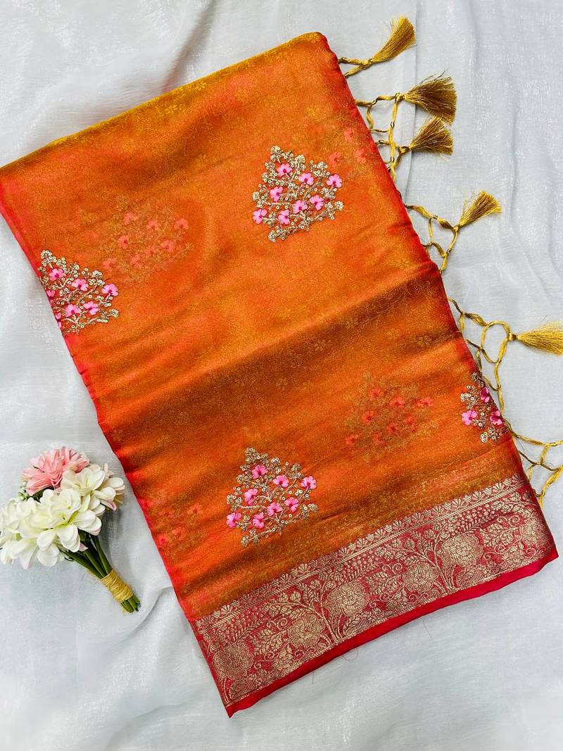 Orange Color Zari Border And Lagdi Pallu Silk Saree