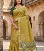 olive green floral printed cotton saree with artistic pallu