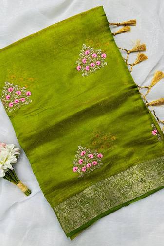 Parrot Green Color Zari Border And Lagdi Pallu Silk Saree
