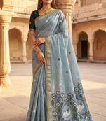 blue floral printed cotton saree with pallu