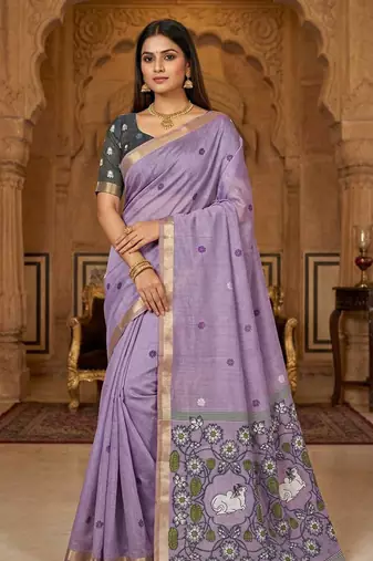 Women's puple floral printed cotton saree with unstiched blouse piece