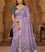 lavender floral cotton saree with scenic border pallu