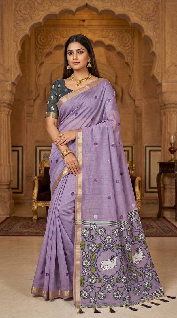 Women's puple floral printed cotton saree with unstiched blouse piece