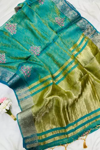 Peacock Green Color Zari Border And Lagdi Pallu art silk saree