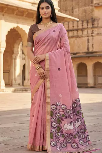 Women's pink floral printed cotton saree with unstiched blouse piece