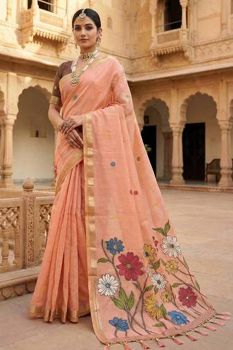 Women's peach floral printed cotton saree with unstiched blouse piece