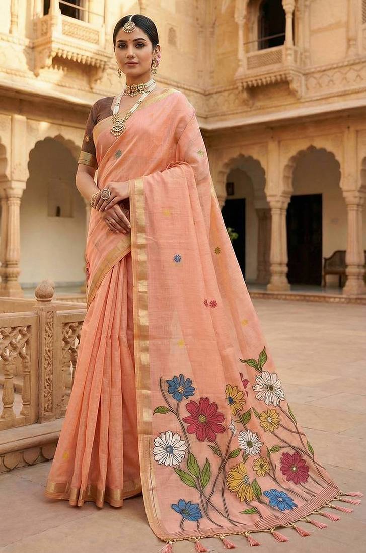 Women's peach floral printed cotton saree with unstiched blouse piece