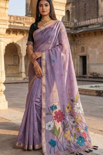 Women's puple floral printed cotton saree with unstiched blouse piece
