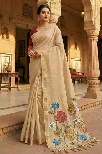 Women's beige floral printed cotton saree with unstiched blouse piece