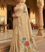beige floral cotton saree with printed pallu