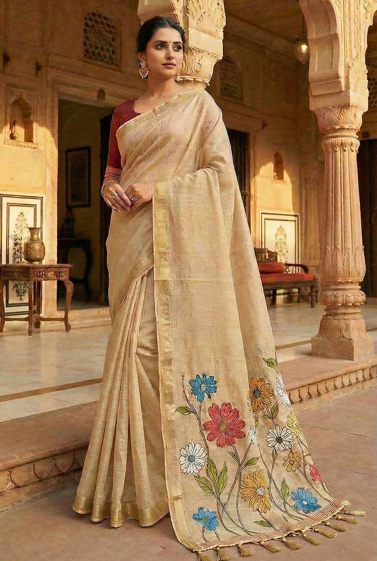 Women's beige floral printed cotton saree with unstiched blouse piece
