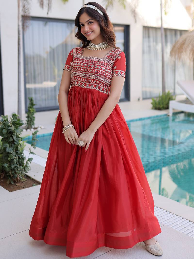 Lovable Red Sequins Silk Marriage Wear Gown