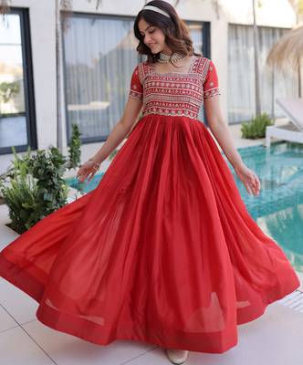 Lovable Red Sequins Silk Marriage Wear Gown 3