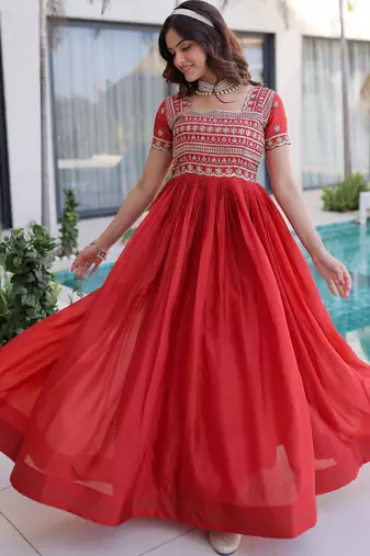 Lovable Red Sequins Silk Marriage Wear Gown
