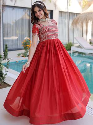 Lovable Red Sequins Silk Marriage Wear Gown 4