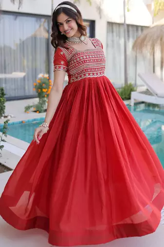 Lovable Red Sequins Silk Marriage Wear Gown