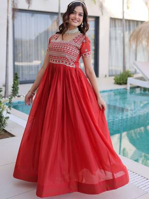 Lovable Red Sequins Silk Marriage Wear Gown 6