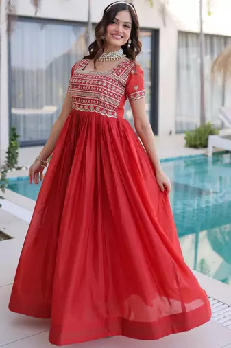 Lovable Red Sequins Silk Marriage Wear Gown