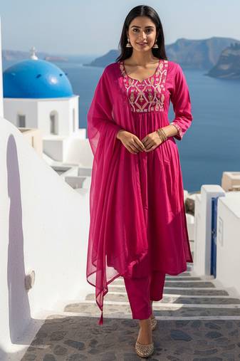 Label divine attire women pink chanderi embroidered kurta pant set with dupatta