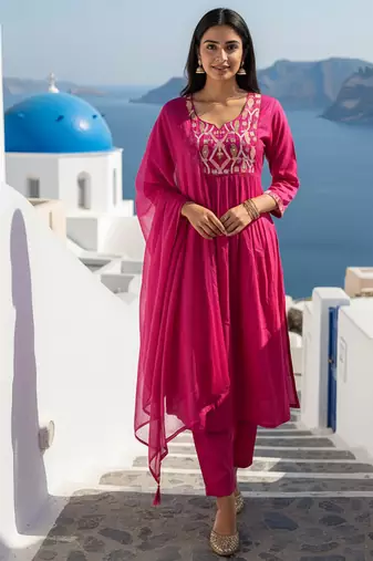 Label divine attire women pink chanderi embroidered kurta pant set with dupatta