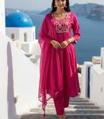 Label divine attire women pink chanderi embroidered kurta pant set with dupatta