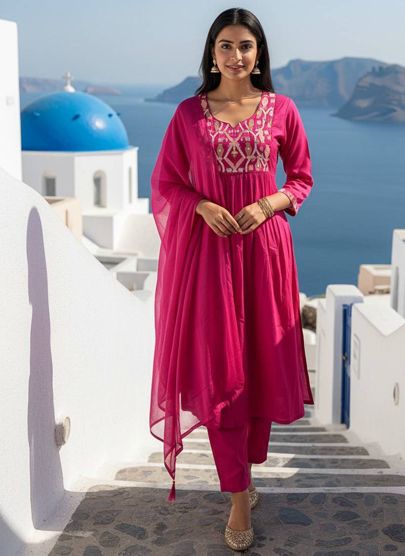 Label divine attire women pink chanderi embroidered kurta pant set with dupatta