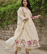 Label divine attire women off white chanderi silk kurta pant dupatta set with floral thread work