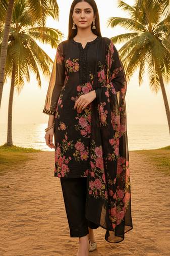 Label divine attire women black faux georgette embroidered kurta pant dupatta set