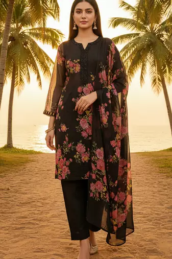 Label divine attire women black faux georgette embroidered kurta pant dupatta set