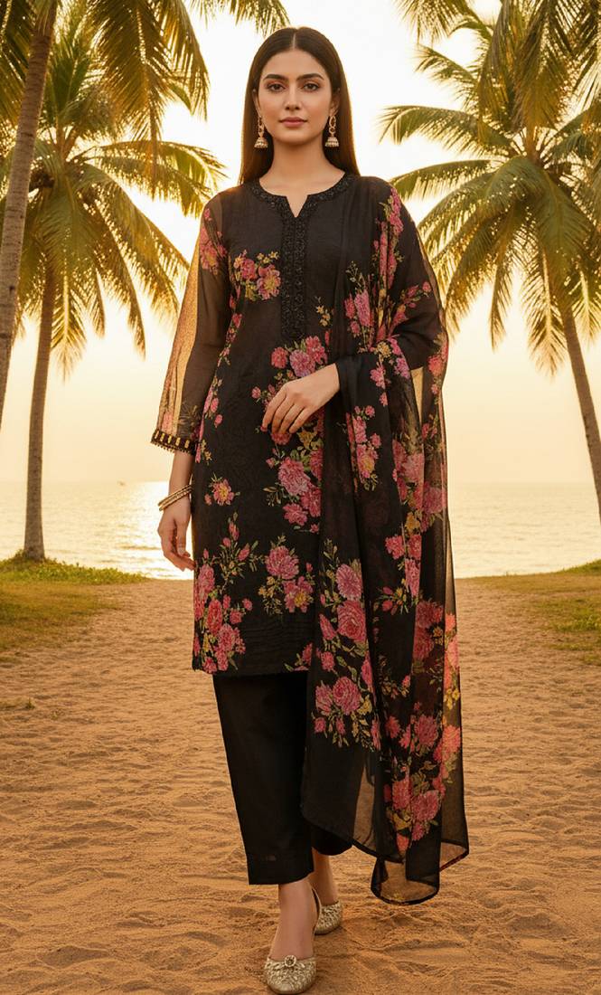 Label divine attire women black faux georgette embroidered kurta pant dupatta set