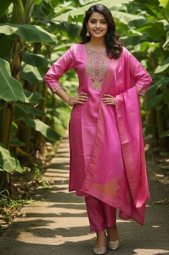 Label divine attire women’s pink viscose simmer kurta pant set with jacquard silk dupatta