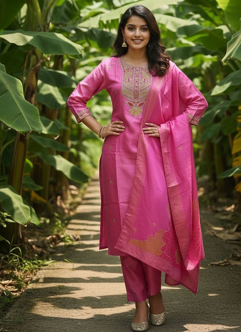 Label divine attire women’s pink viscose simmer kurta pant set with jacquard silk dupatta