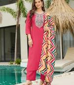 Label divine attire women’s deep pink rayon kurta pant set with heavy multicolour thread work dupatta