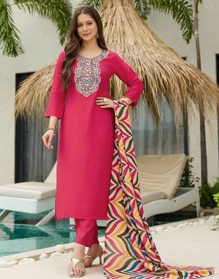 Label divine attire women’s deep pink rayon kurta pant set with heavy multicolour thread work dupatta 2