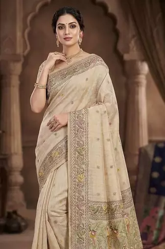 Cream Color woven border Jamdani Saree 